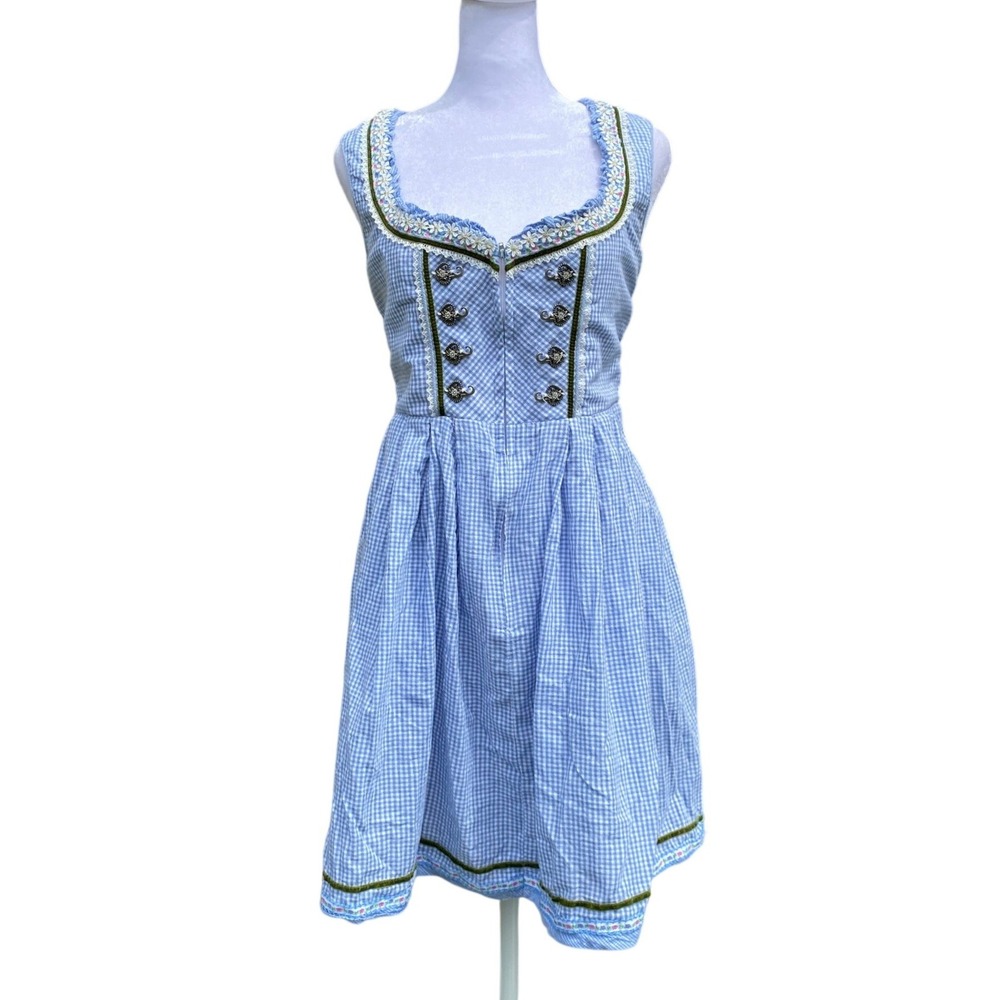 Gingham Dirndl Mini Dress Blue Oktoberfest Cotton Floral Medium Romantic Cottage